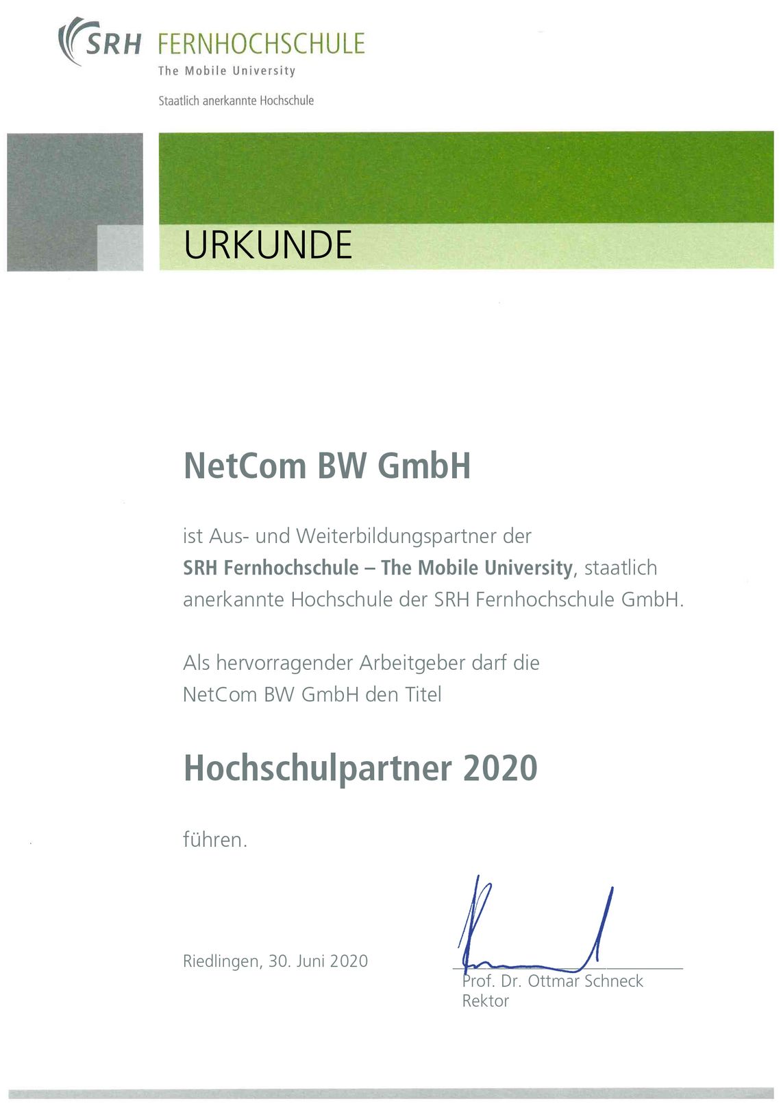 NetCom BW Partnerurkunde 