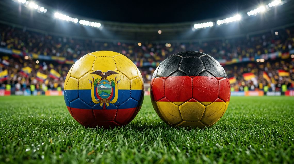 Ein Fußabll in Deutschlandfarben und einen in den Farben der Flagge von Ecuador auf einem Fußballfeld