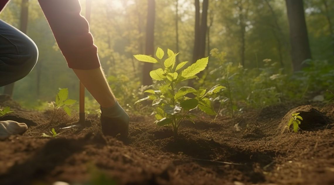 Eine kleiner Baum wird mitten im Wald gepflanzt