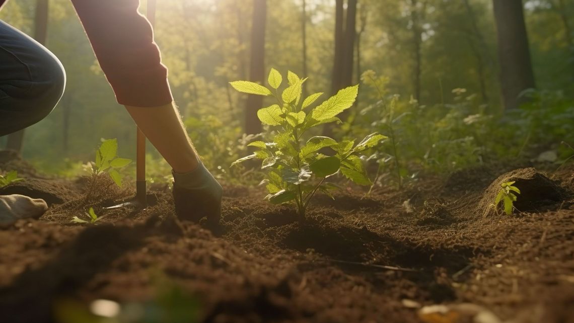 Eine kleiner Baum wird mitten im Wald gepflanzt