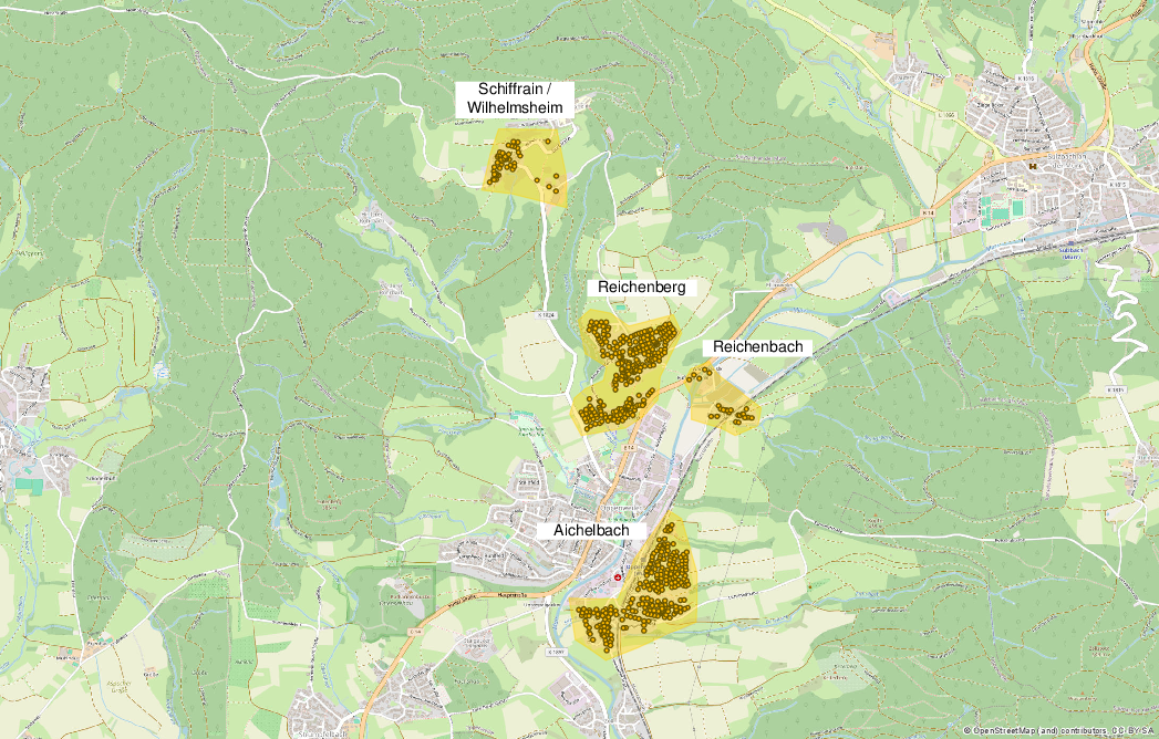 Karte mit den Standorten Aichelbach, Reichenberg-Reichenbach, Schiffrain-Wilhelmsheim mit markierten Punktclustern an jedem Standort.