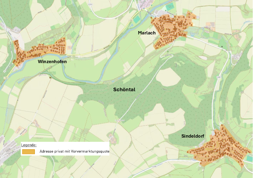 Übersichtskarte des geplanten eigenwirtschaftlichen Glasfaserausbaus in den Ortschaften Winzenhofen, Marlach und Sindeldorf