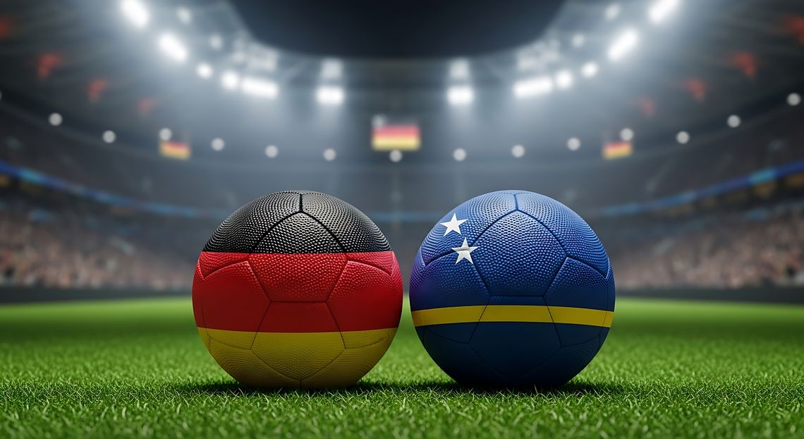 Ein Fußabll in Deutschlandfarben und einen in den Farben der Flagge von Curacao auf einem Fußballfeld