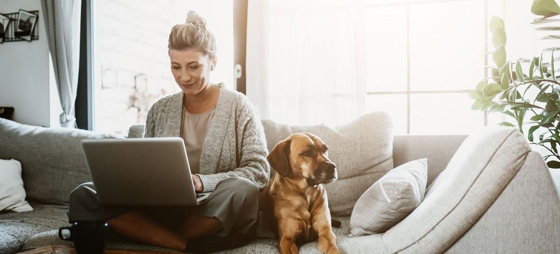 Frau auf dem Sofa vor dem Laptop sitzend mit Hund an der Seite