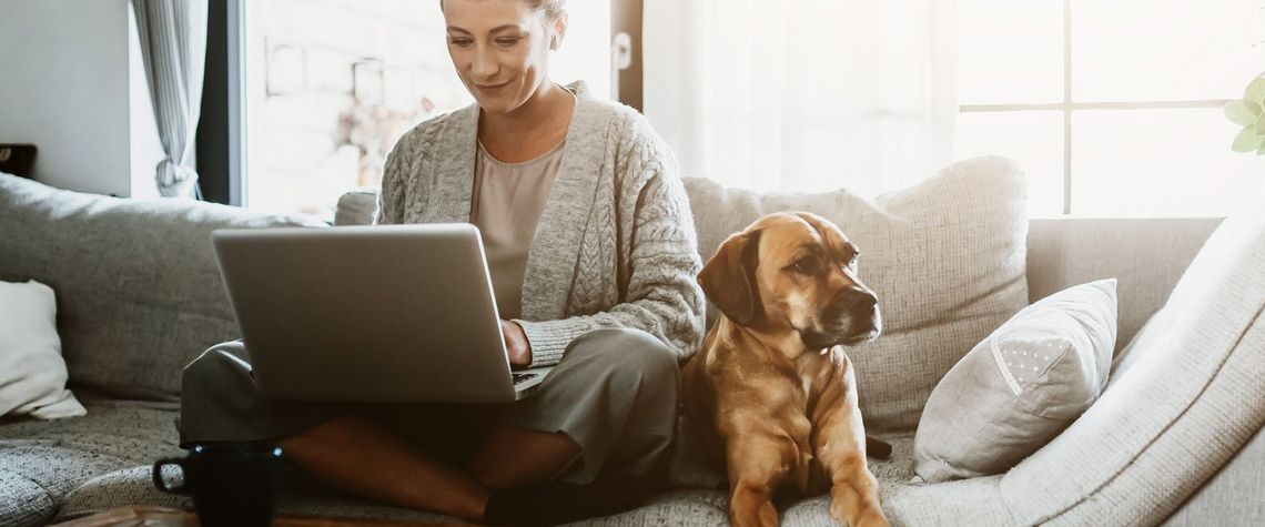 Frau auf dem Sofa vor dem Laptop sitzend mit Hund an der Seite